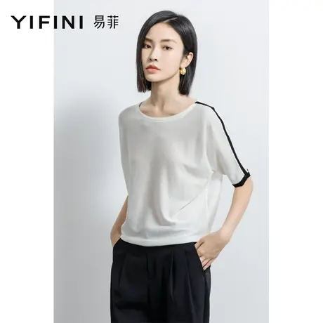 Yifini/易菲拼接短袖套头T恤女2023春夏新款宽松显瘦毛针织衫上衣商品大图