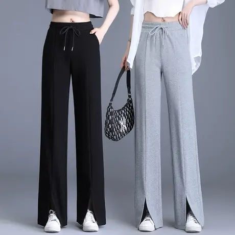 窄版阔腿裤女春秋新款垂感开叉裤子大码宽松休闲运动裤灰色女裤夏商品大图