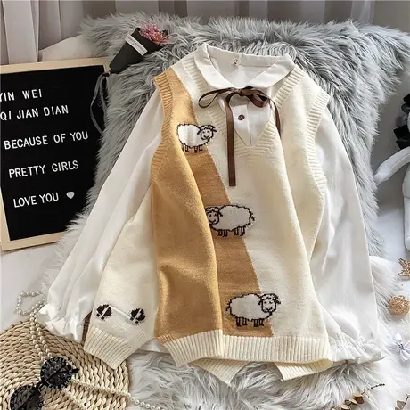 日系马甲女宽松外穿V领无袖针织上衣2021年新款秋装森系毛衣背心图片