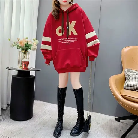 加绒加厚连帽卫衣女中长款2022年新款秋冬宽松慵懒风时尚百搭外套图片