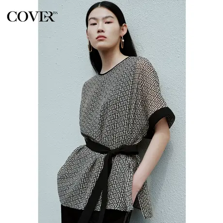 COVER夏季几何金丝纱线连肩袖衬衫商品大图