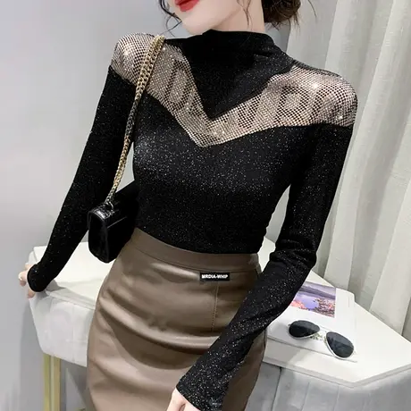 半高领打底衫女秋冬性感镂空长袖T恤紧身内搭小衫网纱拉接上衣潮商品大图