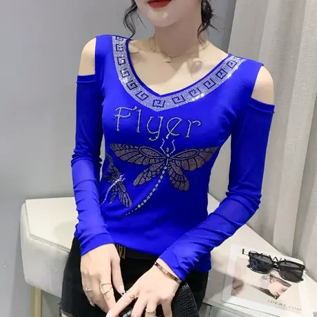 性感网纱打底衫女春秋2024新款时尚露肩T恤长袖洋气烫钻V领上衣潮商品大图