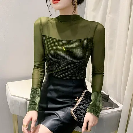 气质减龄网纱T恤女长袖性感烫钻高领打底衫欧货减龄秋冬显瘦上衣商品大图