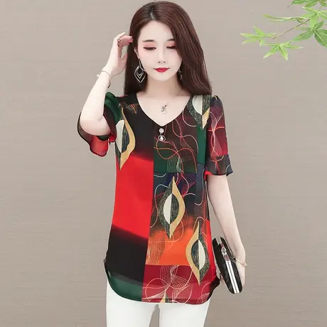 雪纺短袖大码2023夏季新款韩版宽松圆领洋气碎花小衫遮肚子女上衣图片