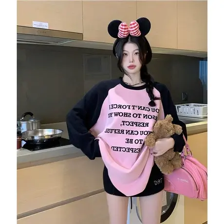 韩版撞色拼接圆领长袖T恤女夏季潮牌宽松字母印花时尚洋气上衣isn图片