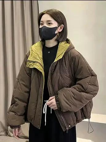 撞色连帽拉链短款羽绒棉服女秋冬新款高级感宽松加厚保暖外套上衣商品大图