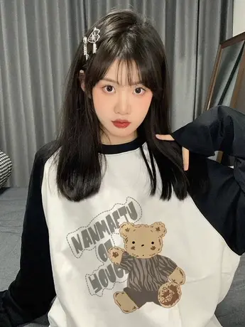 日系设计感复古小熊内搭打底衫女秋冬设计感小众拼色长袖女t恤潮商品大图