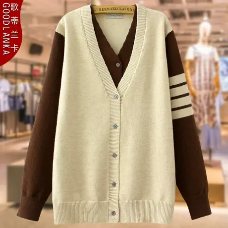 加肥加大码中年妈妈春装毛衣女200斤宽松洋气V领假两件针织衫外套商品大图