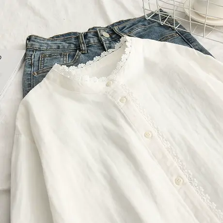 韩范文艺范 蕾丝木耳领纯色百搭简约全棉衬衫 双层纱站领打底衬衣图片