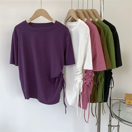 葡萄紫不规则抽绳打结短袖T恤女设计感夏季圆领练功服纯色上衣女商品大图