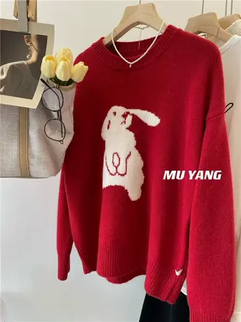 新年入这件！新年红提花兔子本命年羊毛毛衣女宽松针织套头上衣冬图片