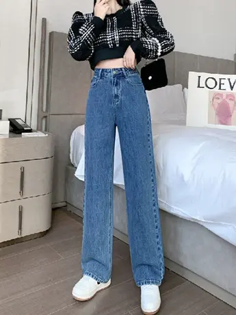 清仓捡漏外贸时尚阔腿牛仔裤女复古高腰宽松直筒垂感拖地裤商品大图