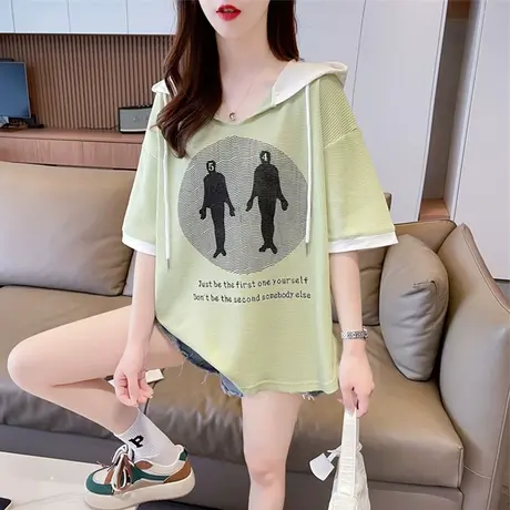 设计感小众连帽短袖t恤女夏季韩版宽松大码女装撞色半袖百搭上衣商品大图