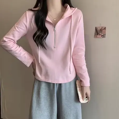 设计感小众短款长袖T恤女秋冬季加绒加厚修身显瘦半拉链连帽上衣商品大图