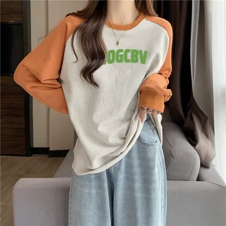 美式复古圆领无帽卫衣女春秋冬季加绒加厚宽松撞色插肩袖上衣外套商品大图