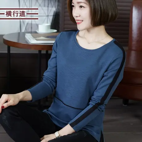 横行道春装圆领妈妈纯棉长袖T恤女宽松打底衫大码上衣女2024新款商品大图