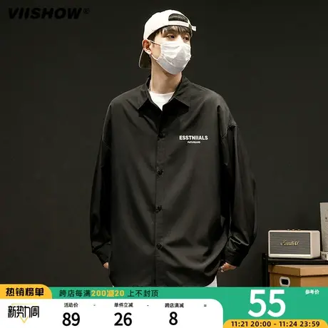 VIISHOW美式复古黑色长袖衬衫男cityboy廓形休闲衬衣2023薄外套商品大图