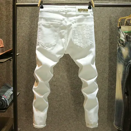 白色轻奢牛仔裤男款2025夏季修身小脚裤高端大牌立体印花休闲长裤图片