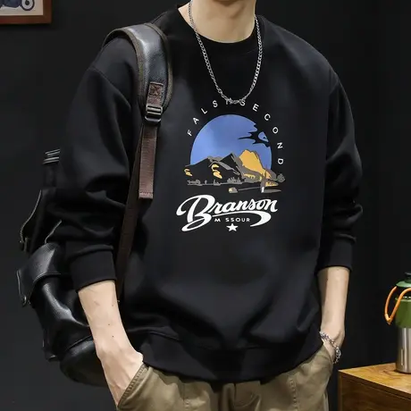 潮牌卫衣男春秋款圆领男款重磅黑色印花衣服春季2024新款长袖大码商品大图