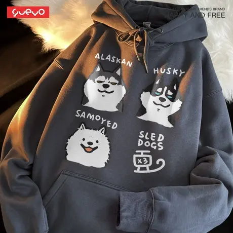 悦游 雪橇三傻 2023新款宽松套头连帽加绒卫衣男哈士奇萨摩耶商品大图