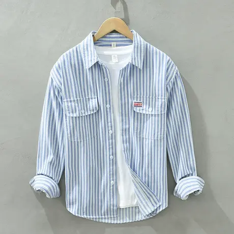 工装衬衫男宽松长袖纯棉日系条纹衬衣休闲文艺外套春秋牛仔上衣潮图片