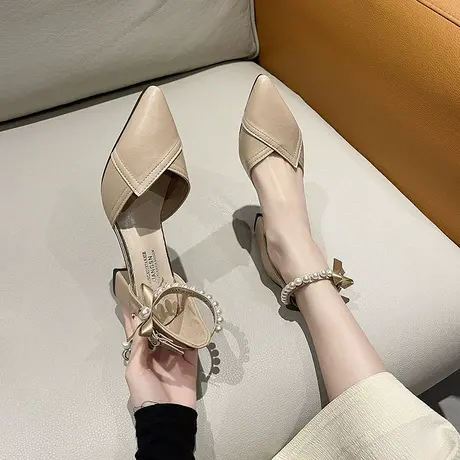 永希凉鞋女2024年春季新款仙女风珍珠绑带高跟鞋粗跟配裙子女鞋子商品大图