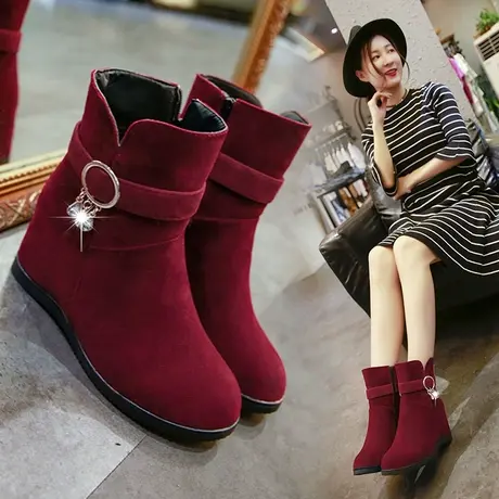 靴子女2023新款秋冬季加绒女靴内增高女鞋韩版平底短靴女红色婚鞋图片