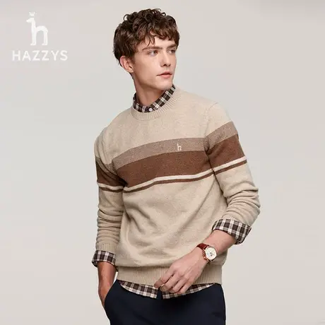 【甄选专享】Hazzys哈吉斯冬季男士长袖毛衣时尚条纹羊毛针织衫图片