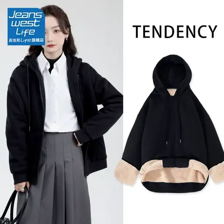 真维斯LIFE黑色连帽加厚外套女秋冬款2023新款爆款韩系羊羔绒开衫图片