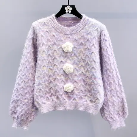 日系甜美温柔风立体花朵毛衣女冬季2023新款高级感软糯针织衫上衣商品大图