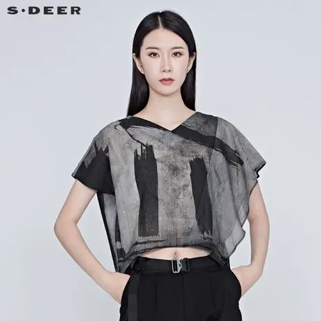 sdeer圣迪奥女装夏装不规则V领蝙蝠袖落肩衬衫S20280423图片