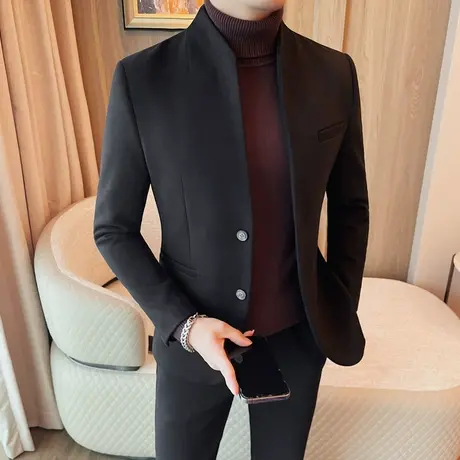 冬季加厚保暖星空毛呢子大衣男新国风立领中山装潮流痞帅修身外套商品大图