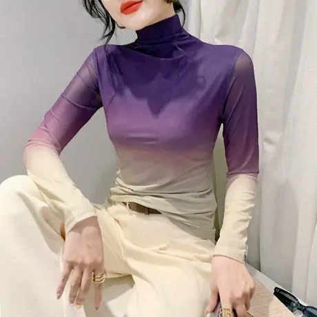 时尚网纱渐变色打底衫长袖2024秋冬半高领T恤女洋气内塔上衣修身商品大图