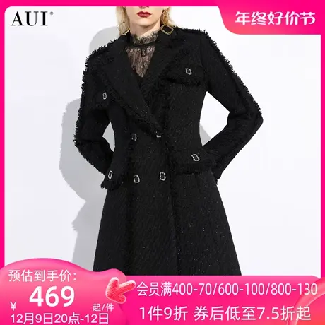 AUI黑色赫本风中长款西装毛呢外套女2023冬新款小香风修身大衣厚商品大图