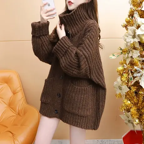 宽松纯色立领毛衣开衫女2024春季新款洋气减龄宽松慵懒风针织外套图片