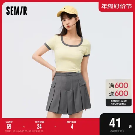 森马短袖T恤女2023年夏季新款短款正肩小性感内搭撞色条纹肌商品大图