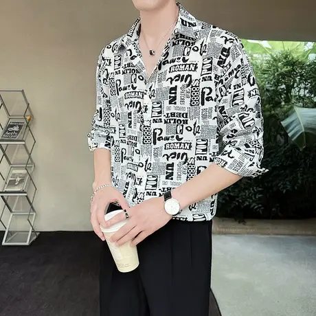 春秋季新款垂感字母印花男休闲长袖衬衫宽松上衣潮流痞帅衬衣外套商品大图