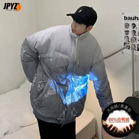 男生羽绒服中长款宽松白鸭绒无帽立领青少年美式简约大码潮牌外套图片
