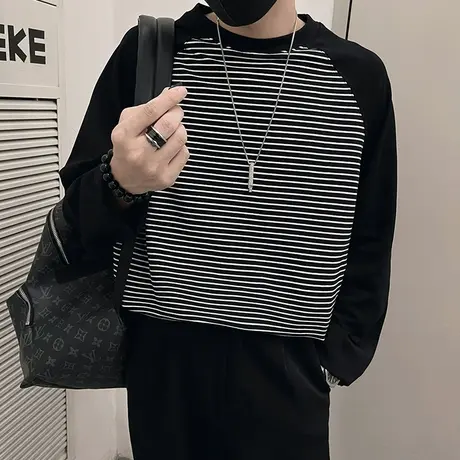 重磅插肩长袖t恤秋季美式条纹拼接打底衫宽松套头个性休闲卫衣男商品大图