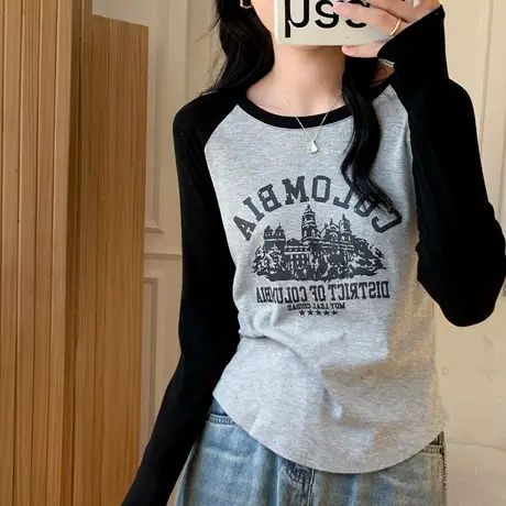 正肩长袖t恤女2023秋冬新款美式复古小众设计感时尚短款高腰上衣商品大图