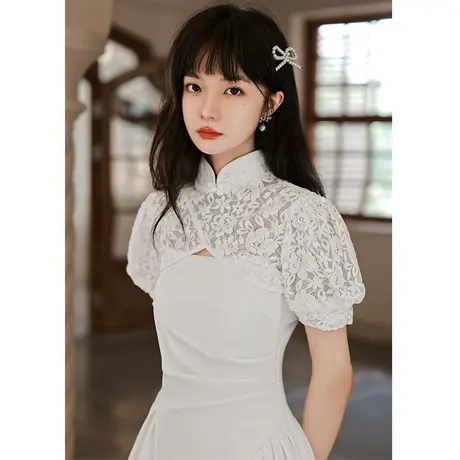 旗袍小晚礼服裙高端轻奢小众订婚连衣裙女领证登记白色中式两件套商品大图