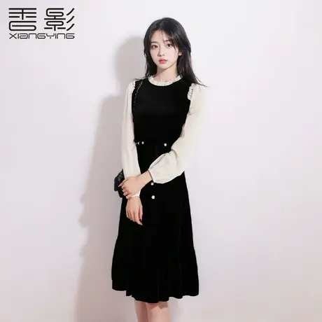 香影法式赫本假两件小黑裙女2024春装新款黑色长袖收腰丝绒连衣裙图片