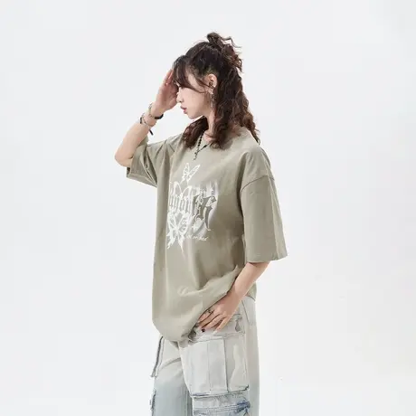 YEP美式复古字母印花短袖t恤女2024年春夏新款情侣装圆领宽松上衣商品大图