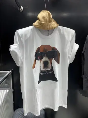 韩国东大门2024夏季新款圆领百搭宽松卡通小狗印花短袖垫肩T恤女图片