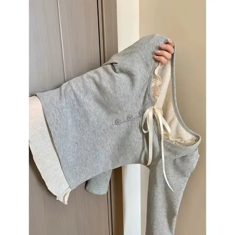 木耳边拼接假两件长袖T恤女春季修身打底衫设计感小众内搭上衣服图片