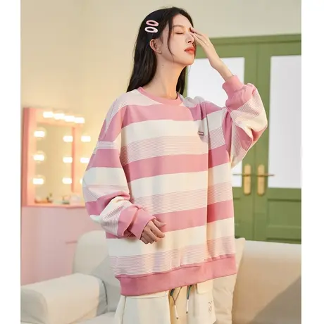 唐狮春秋季女条纹卫衣圆领薄款宽松休闲上衣简约甜美外套运动图片