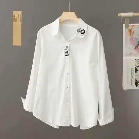 别致甜美熊猫刺绣白衬衫女小个子打底衫设计感小众木耳领衬衣上衣商品大图