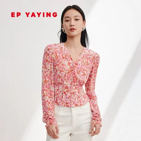 EP雅莹女装  暖感丝绒烧花V领桑蚕丝衬衫 2024早春新品2239A图片