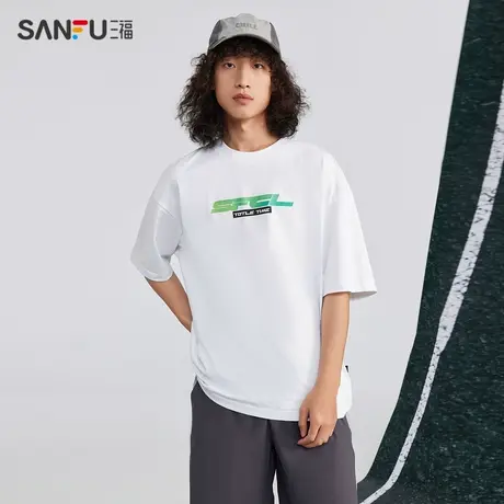 三福2024夏季男士绿色字母短T恤 户外运动风圆领上衣男483305图片